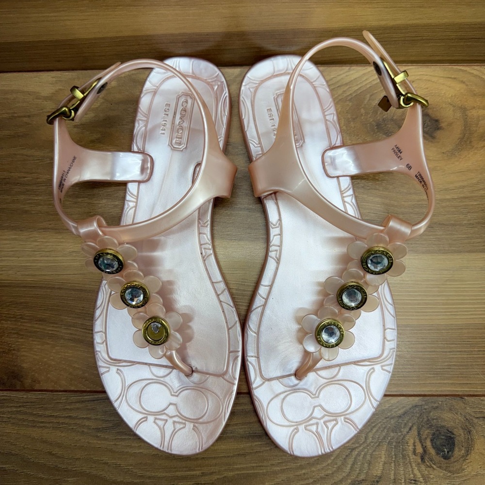 Coach Paisley Sandals Jelly Pink Size 6 B Flower Rhinestones T Strap Ankle Strap